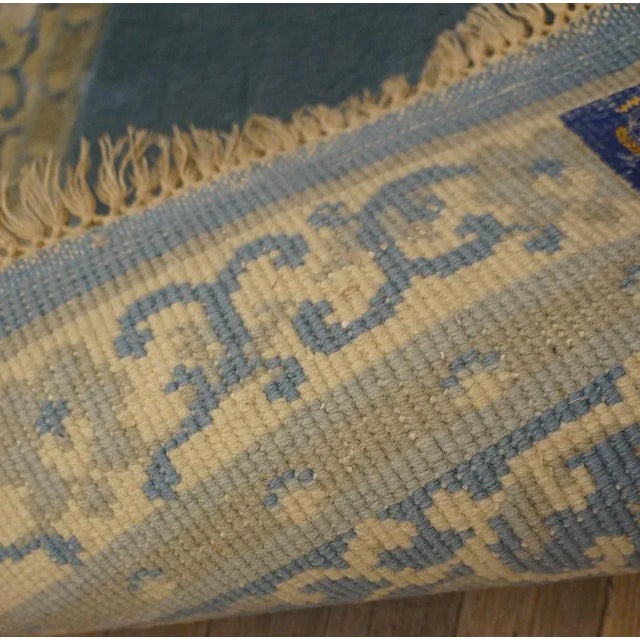 Cornflower Blue 1980s Vintage Chinese Indian Geometric Knotted Hallway Runner Rug For Sale - Image 8 of 8