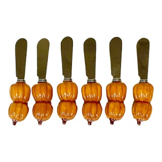 1990s Vintage Pottery Barn Thanksgiving Pumpkin Butter Knife Spreaders - Set of 6. For Sale
