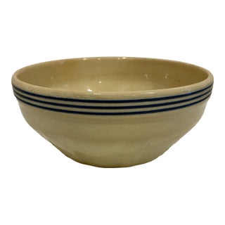 Vintage Farmhouse Stoneware Mixing Bowl With Blue Stripes For Sale