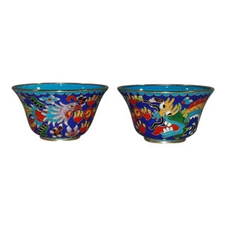 Vintage Cloisonne Enamel Tea Bowls – 3.9" Dragon & Phoenix Cups - Pair For Sale
