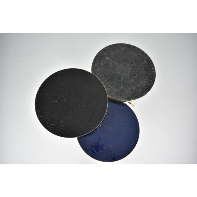 Jonathan Amar Studio Set of Three Contemporary Mosaic Brass and Rattan Side Tables by JAS For Sale - Image 4 of 6