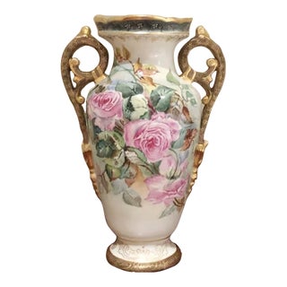 Antique Hand Painted Vase With Gold Handles For Sale