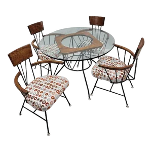 Mid Century Modern Atomic Space Age Richard McCarthy for Selrite Style and 4 Captain Chairs & Pedestal Base Glass Table