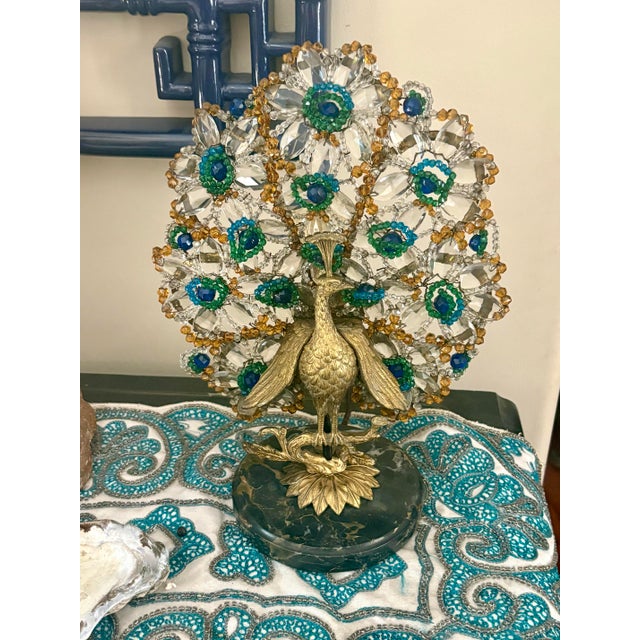 VIntage Art Deco Crystal and Brass Czechoslovakian Beaded Peacock Lamp For Sale - Image 9 of 14