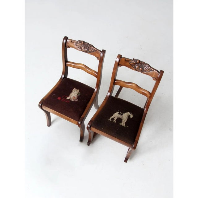 Rustic Vintage Kid's Chairs With Needlepoint Seats Pair For Sale - Image 3 of 12