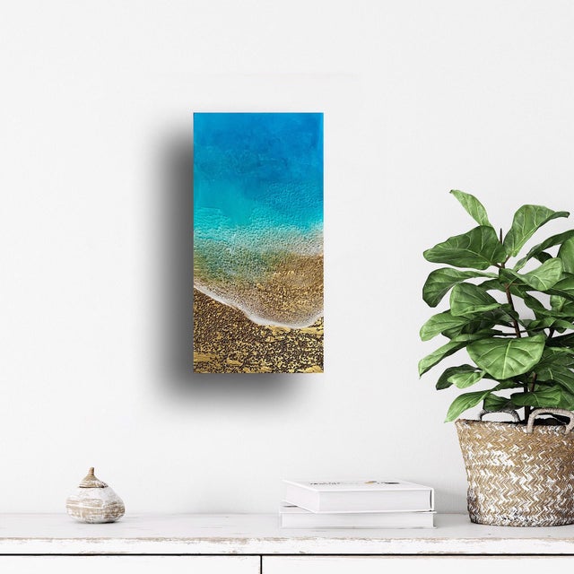 Abstract I Was Here by Ana Hefco | Mixed Media on wood panel Abstract beach scene with blue and gold tones. For Sale - Image 3 of 5