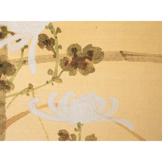Wood "Tit and Chrysanthemums", Showa Era Japanese Painted Silk Bybu Screen For Sale - Image 7 of 18