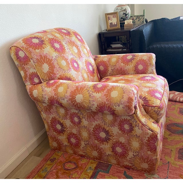 Bring a vibrant splash of retro energy to your space with this tunning, custom-upholstered English rolled-arm club chair....