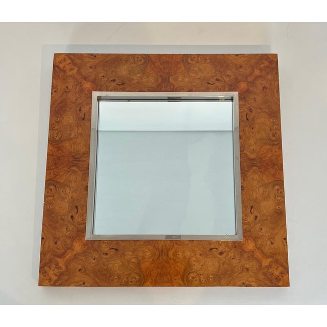 Square mirror in elm burl veneer and chrome by Willy Rizzo. Circa 1970 For Sale - Image 12 of 12