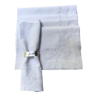 Antique French Linen Napkins, Set of 5, Hemstitched Ladderwork Embroidery, Circa 1900 For Sale