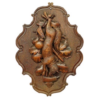 Antique Wooden Carved Black Forest Game Plaque with Fox, 1890s For Sale