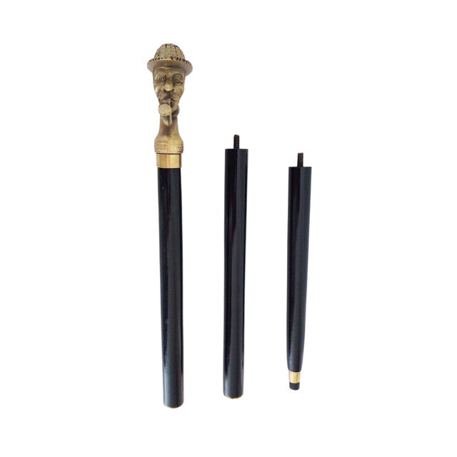 Black Antique Black Wooden Folding Walking Stick Cane With Sherlock Holmes Head Handle For Sale - Image 8 of 8