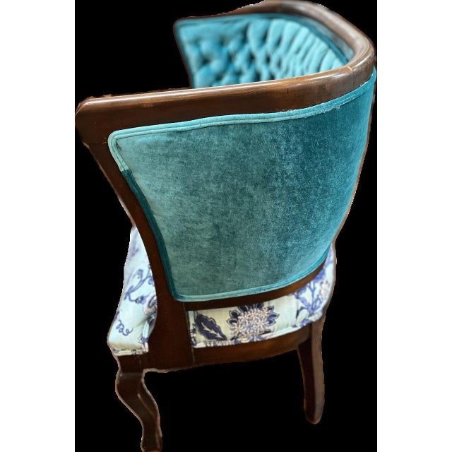Antique - Lake 1800's Settee with Teal Velvet tufted back and printed floral seat. New upholstery and natural curved wood...