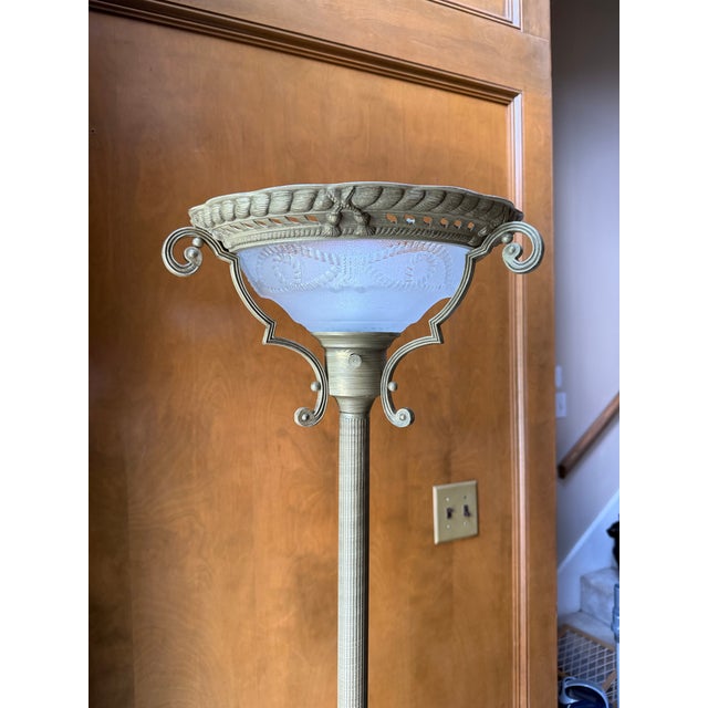 Traditional 1990s Traditional Bronze Torchiere Floor Lamp With Etched Frosted Glass Shade & 3-Way Switch For Sale - Image 3 of 7