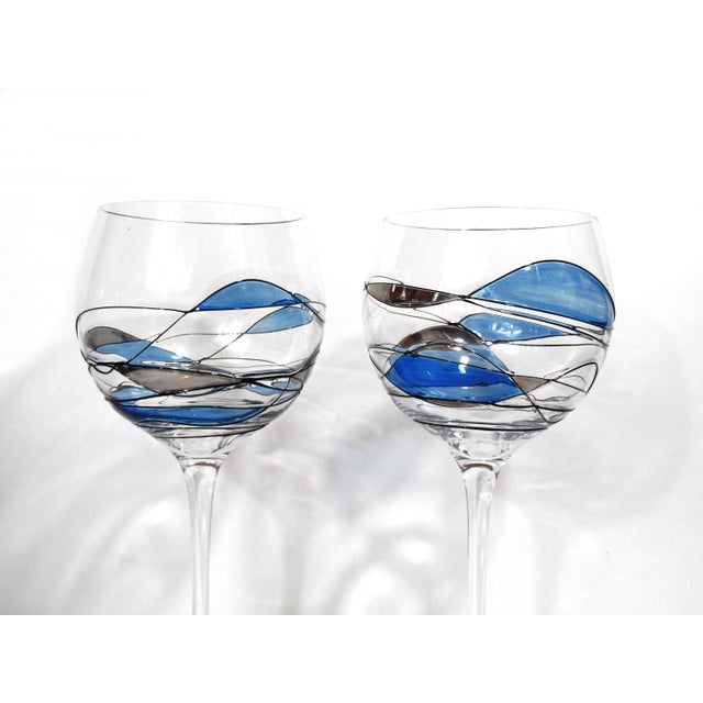 1990s 1990s Mosaic Stained Glass Wine Glasses 16oz | Hand-Painted Blue & Gray Accents | Modern Artistic Glassware | Wine Lover Gift - Set of 6 For Sale - Image 5 of 7