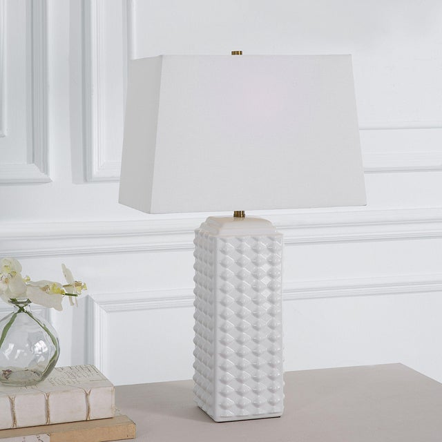 Textile Square Ceramic Table Lamp With Knobs For Sale - Image 7 of 7