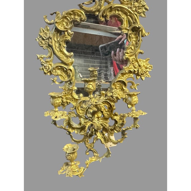 Antique Rococo Revival Gilt Cast Metal Mirrored Wall Sconce Candelabra 28.5” For Sale - Image 4 of 12