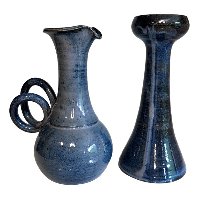 Ceramic Candlestick and Vase Jug from Egebølle Keramik, Denmark, 1960s, Set of 2 For Sale