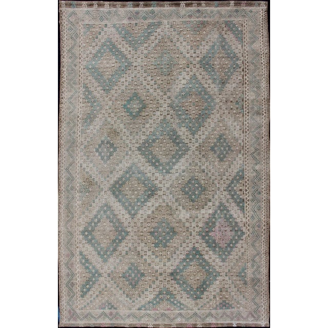 Vintage Turkish Kilim Rug in Soft Teal, Beige, and Taupe With Diamond Pattern For Sale - Image 13 of 13