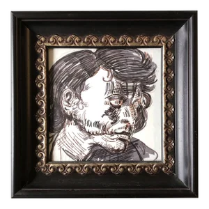 1970’s Vintage Ink Drawing Male Portrait Ornate Frame