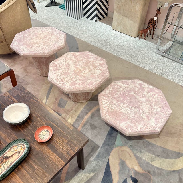 Pink Vintage Set of 3 Pale Pink Octagonal Faux Stone Nesting Tables For Sale - Image 8 of 12