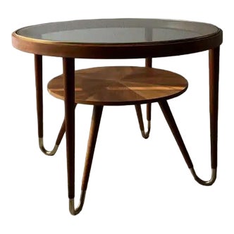 Round Walnut Coffee Table with Glass by Ilse Möbel For Sale
