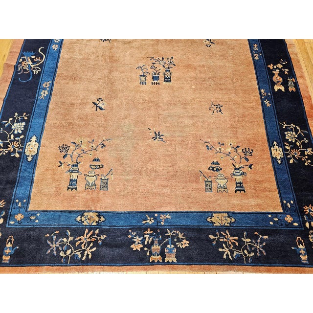 Antique Chinese Peking Rug, Hand-Knotted Wool, Pale Peach, Navy, 9' x 12' For Sale - Image 15 of 18