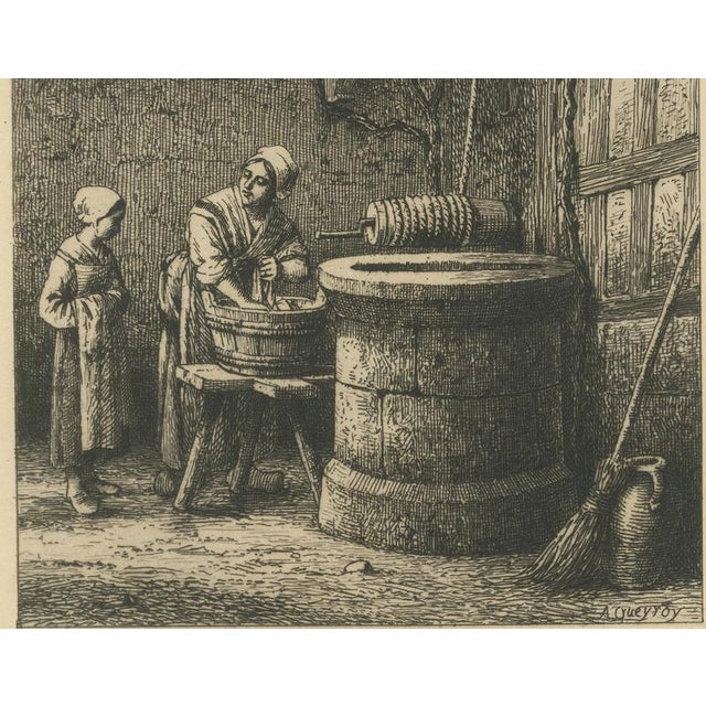 19th Century Armand Queyroy, Courtyard Well with Washerwoman and Girl, 1875, Etching For Sale - Image 5 of 9