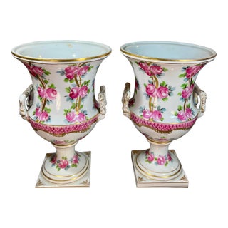 Antique Pair of Dresden Rose Porcelain Urns For Sale