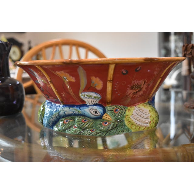 Hollywood Regency Late 20th Century Tracy Porter Artesian Road Collection Center Bowl on Pedestal Peacock Motif For Sale - Image 3 of 8