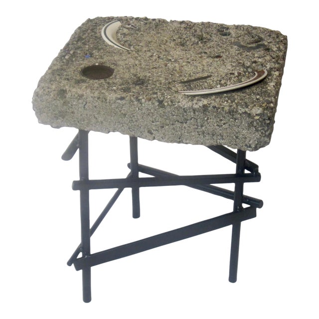 1960s Studio Made Found Object Cement Table With Sculptural Steel Base For Sale