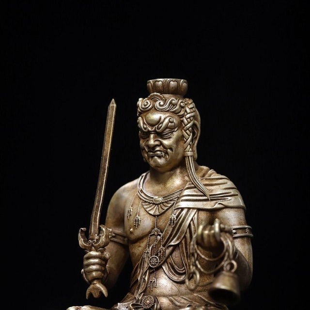 Vintage Silver-Plated Bronze Acala Statue Buddhist Fudo Myoo Sculpture 3.9" For Sale In Los Angeles - Image 6 of 9