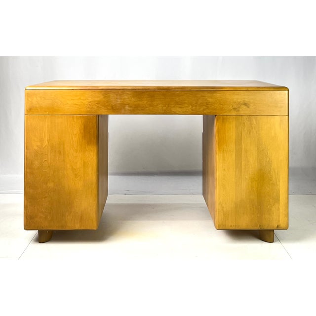 Yellow Mid-Century Modern Heywood-Wakefield Solid Birch Kneehole Desk in "Wheat" Finish For Sale - Image 8 of 18