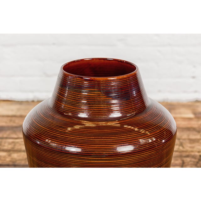 Brown Artisan Brown Glaze Vase with Black Concentric Motifs and Tapering Lines For Sale - Image 8 of 12