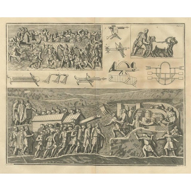 Brown Bernard de Montfaucon, Roman Bolt Engines and a Ram Under a Shed, Montfaucon Siege Plate, 1722, Engraving For Sale - Image 8 of 8