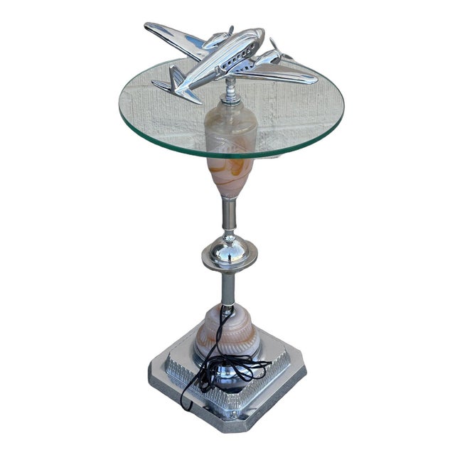 1930s Light Up Chrome Airplane Streamline Art Deco Drink Side Glass Top Table W/ Art Glass Base For Sale - Image 4 of 9