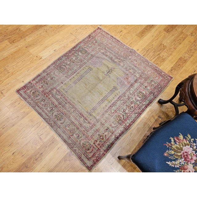 Textile Late 19th Century Turkish Prayer Rug, Handwoven Wool, Pale Yellow, 4' x 4' For Sale - Image 7 of 16