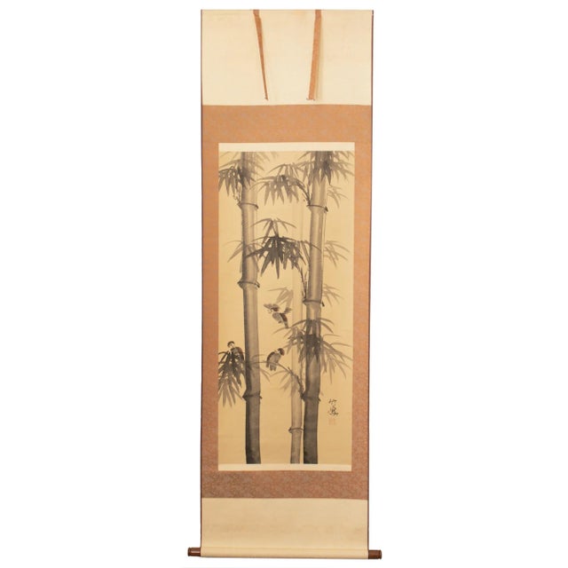 Showa Era Japanese Monochrome Watercolor Scroll Painting, "Bamboo Trees and Sparrows" For Sale - Image 12 of 12