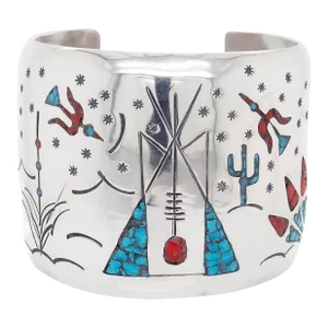 Large Old Pawn Navajo Teepee Design Silver, Turquoise, & Coral Cuff Bracelet