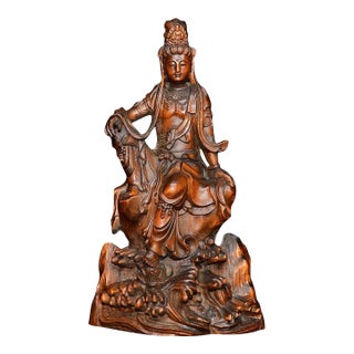 Vintage Chinese Boxwood Carving of Guanyin (Water-Moon Avalokiteshvara) For Sale