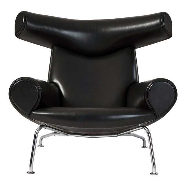 EJ100 Ox Lounge Chair in Black Leather by Hans J. Wegner for Erik Jørgensen, 1980s For Sale