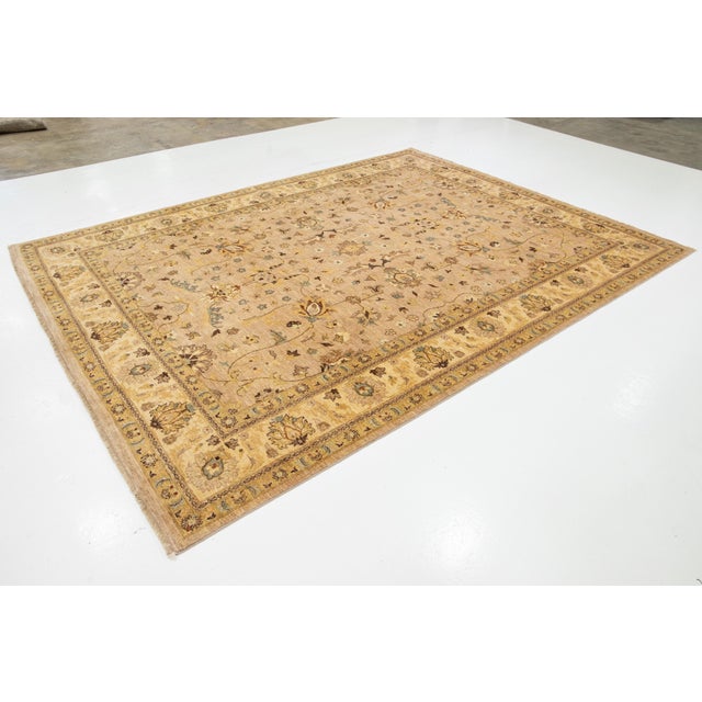 Modern Beige Handmade Modern Oushak Wool Rug With Floral Motif For Sale - Image 3 of 11
