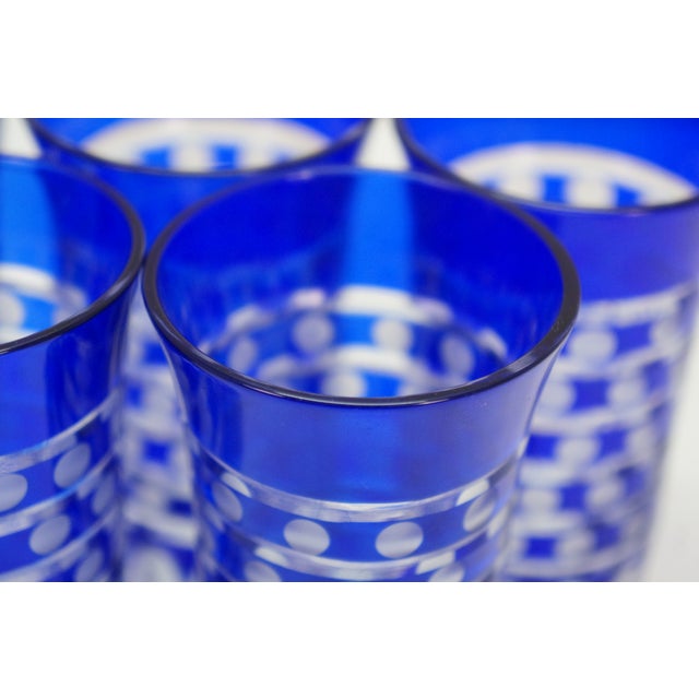 Late 20th Century Bohemian Blue Cut to Clear Crystal Polka Dot Shot Glasses Tumblers - Set of 5 For Sale - Image 9 of 11
