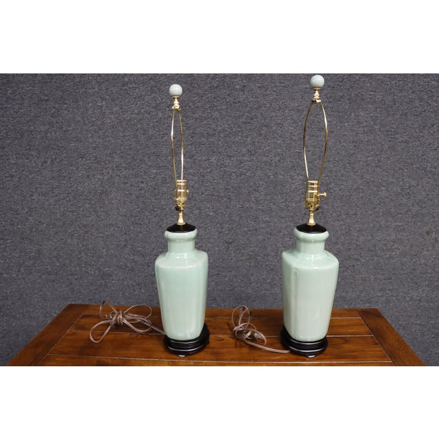 Pair of Celadon Chinoiserie Table Lamps For Sale - Image 10 of 11