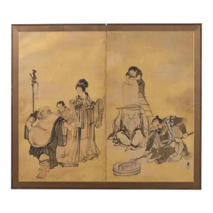 Japanese Edo Two Panel Screen Deities by Yokoyama Kazan