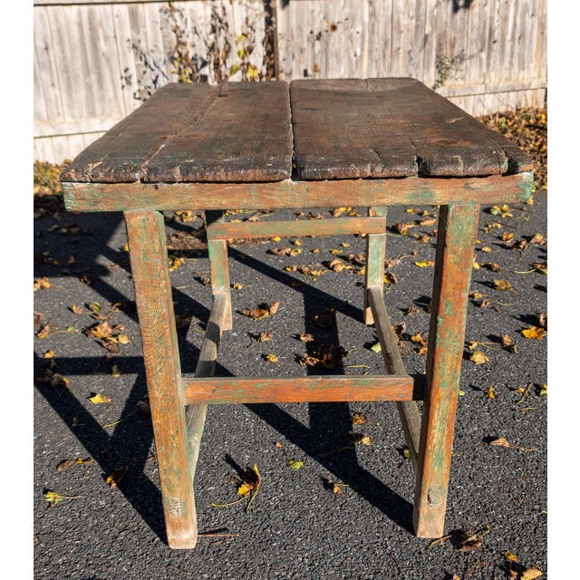 Wood 18th or 19th Century Rustic Primitive Farmhouse Table in Old Green Paint For Sale - Image 7 of 18