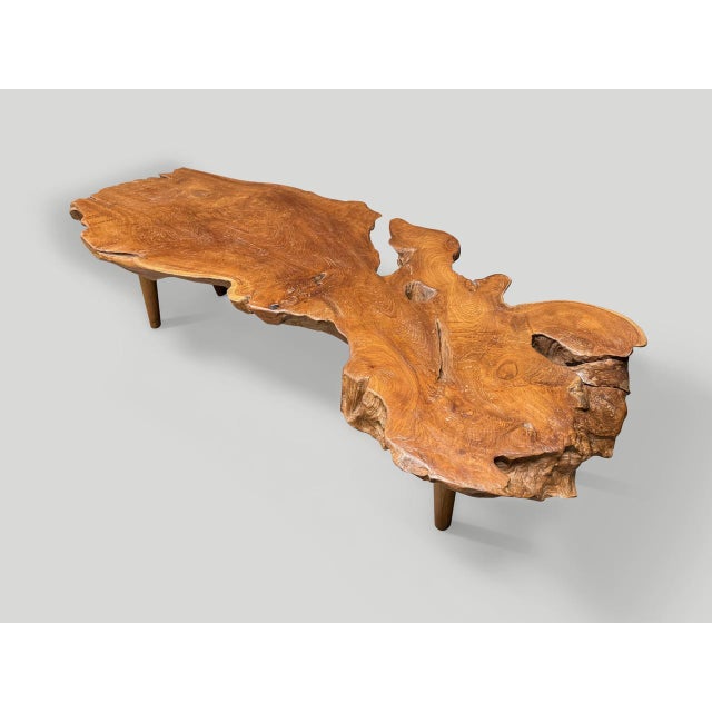 An impressive hundred year old thick teak slab coffee table with butterflies inlaid into the top. This stunning ancient...