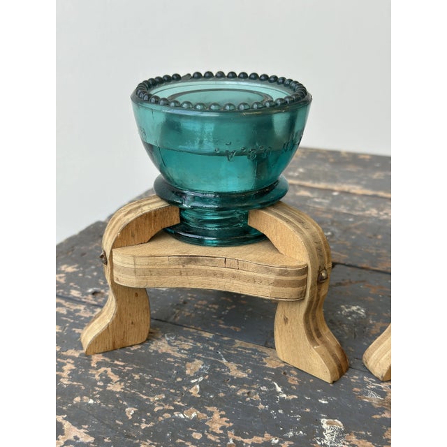 Vintage Make-Do Hemingray Glass Insulator Candleholders With Laminated Wood Bases, a Pair, Circa Mid 20th Century For Sale - Image 9 of 18