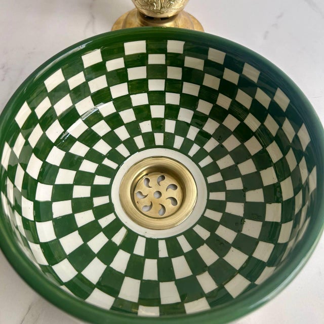 Metal Green Bohemian Check Paint Vessel Sink with Brass Drain For Sale - Image 7 of 8