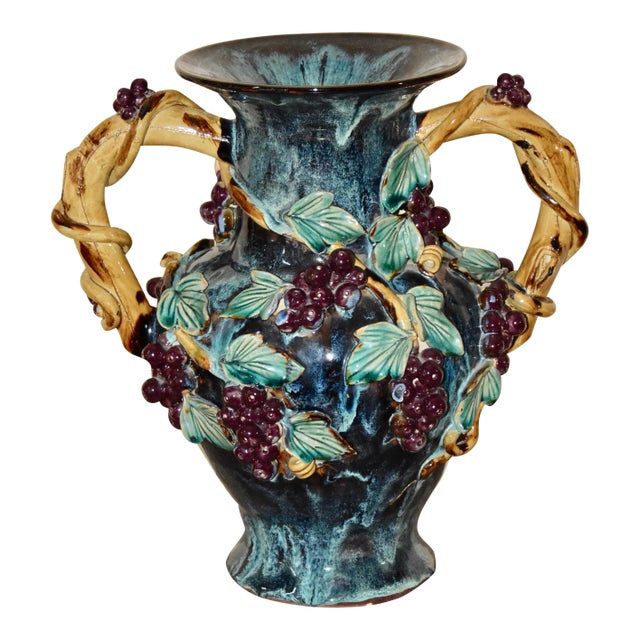 Antique Majolica Flambé Vase/Urn Relief Grapes Leaves For Sale